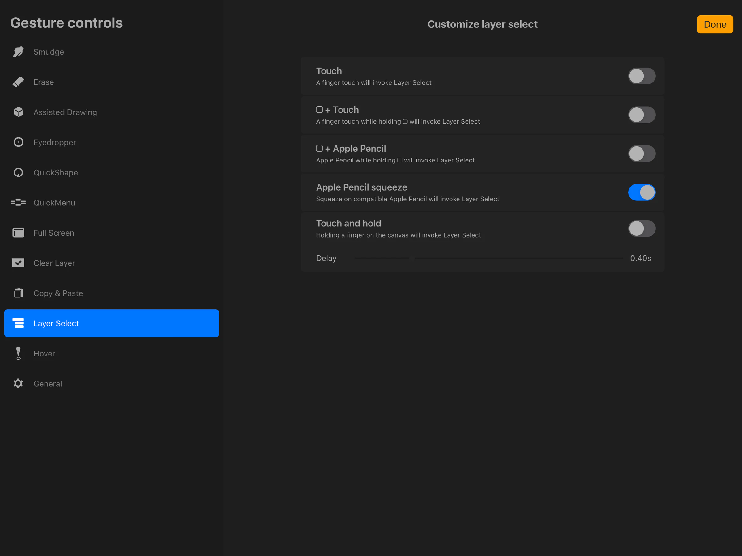 Gesture Controls của Procreate hiển thị Apple Pencil Pro squeeze được gán cho thao tác Layer Select