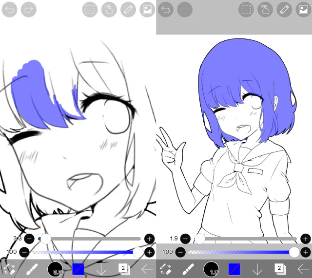 ibisPaint hiển thị vùng Selection Layer được tô bằng brush dưới dạng lớp xanh bán trong suốt trên phần tóc nhân vật