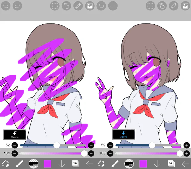 So sánh ibisPaint khi Clipping tắt và bật: nét màu tím tràn khỏi nhân vật ở bên trái nhưng được giữ trong vùng màu nền ở bên phải