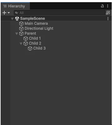 Unity Hierarchy window minh họa quan hệ parent-child giữa các GameObject.
