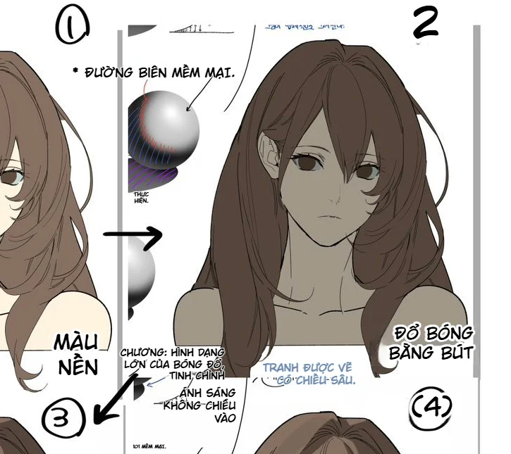 Bước 2 dựng mảng bóng lớn cho khuôn mặt, tóc, cổ và vai của nhân vật Anime