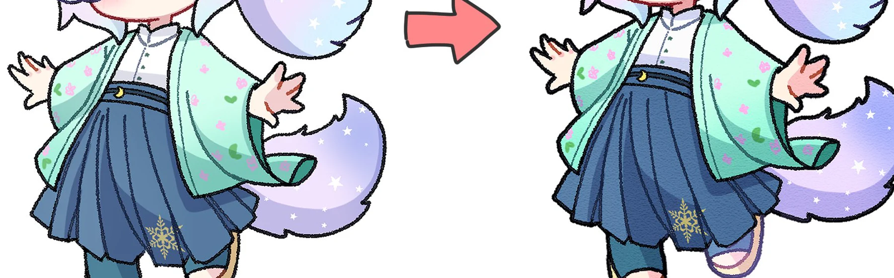 So sánh phần trang phục và đuôi của nhân vật chibi trước và sau khi điều chỉnh sắc độ, cho thấy màu xanh và tím trở nên rõ, sâu và tách lớp hơn