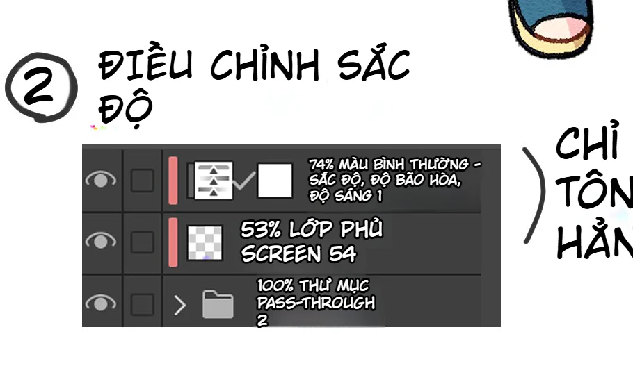 Cận cảnh layer điều chỉnh sắc độ trong phần mềm vẽ, cho thấy lớp điều chỉnh khoảng 74% và lớp phủ Screen khoảng 53% trong ví dụ