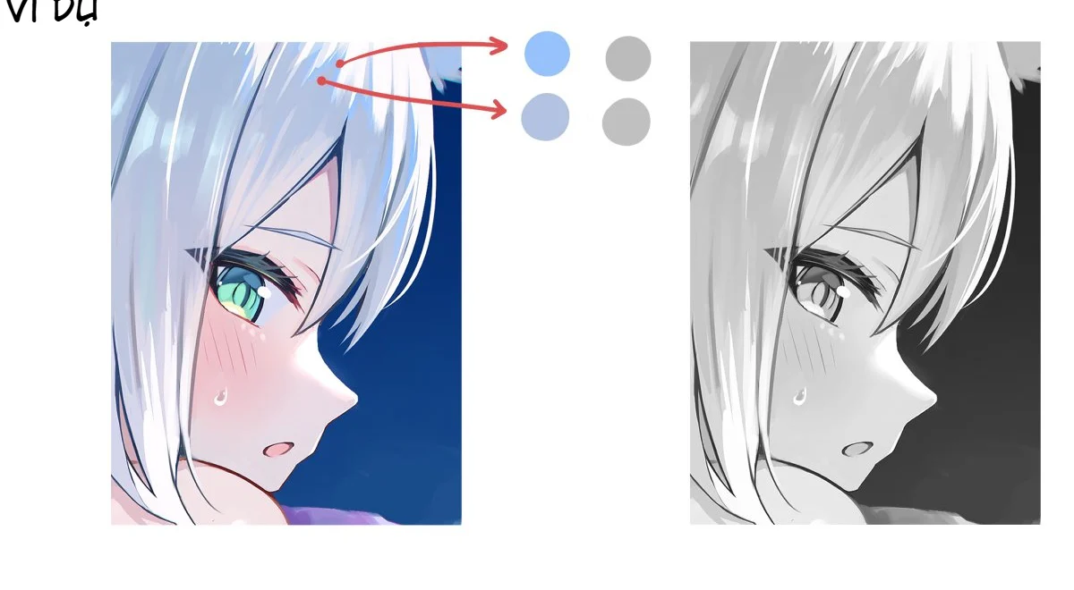 Ví dụ nhân vật anime ở bản màu và grayscale cho thấy các vùng tóc xanh khác màu nhưng vẫn giữ quan hệ value tương đương