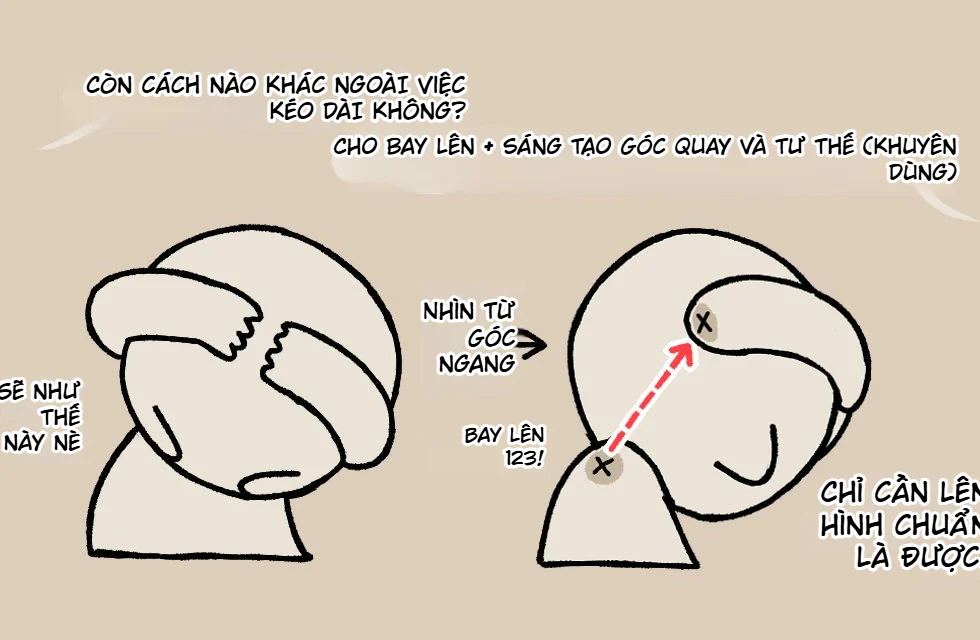 Giải pháp thay đổi góc nhìn và tư thế chibi để hai tay chạm tới đầu tự nhiên hơn mà không cần kéo giãn quá mức