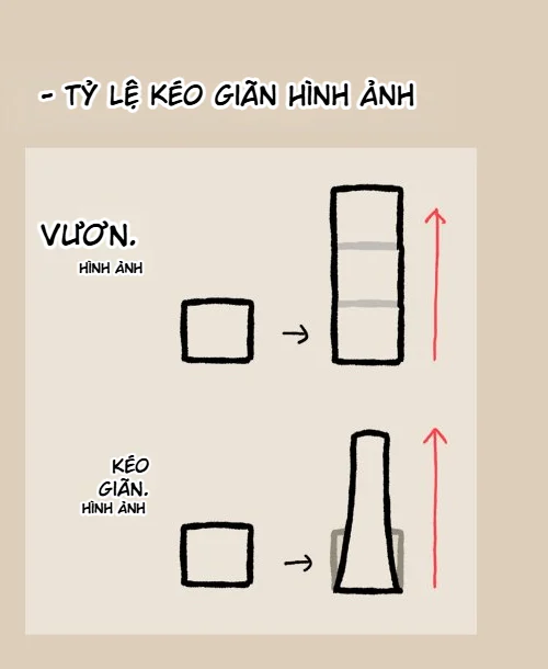 Sơ đồ so sánh kéo giãn hình ảnh theo tỷ lệ với kéo méo hình khi xử lý tỷ lệ chibi