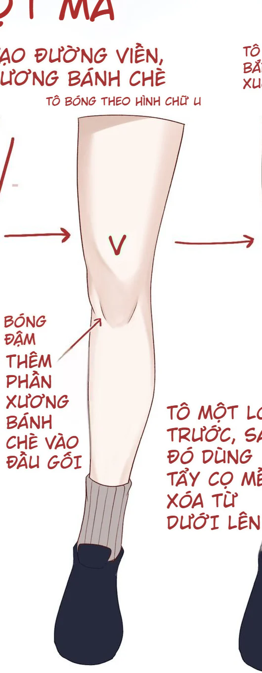 Minh họa bước thêm bóng cơ bắp từ đầu gối xuống cẳng chân và làm mềm chuyển sắc bằng cọ