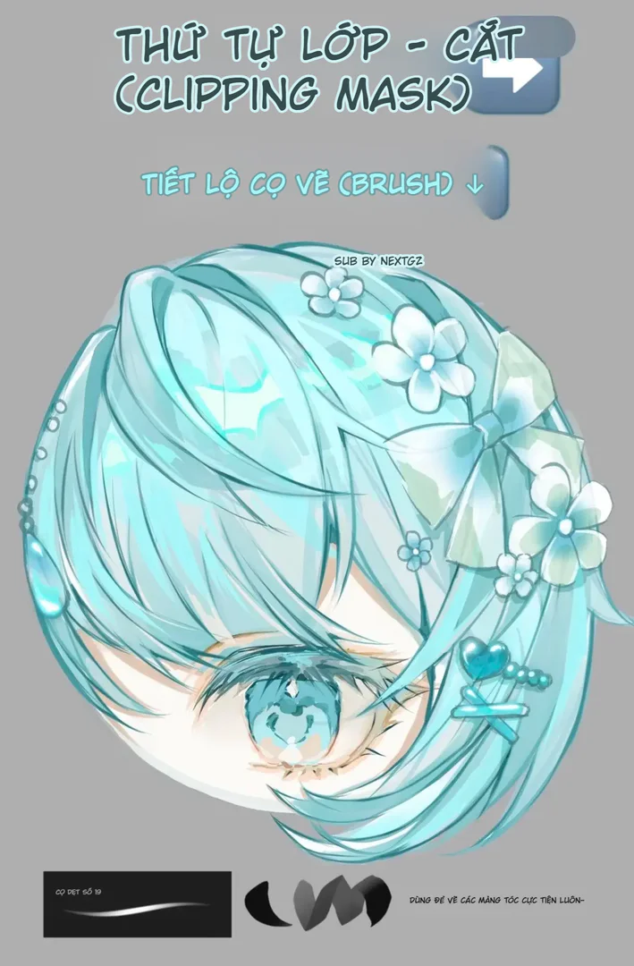 Cách sắp xếp layer và clipping mask để vẽ tóc mái trong suốt trong Procreate